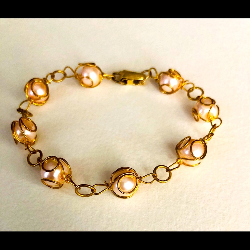 Light Pink and Copper Wire Bracelet
